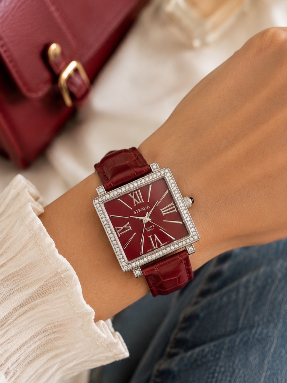 Strada Red Crystal Square Watch Roman Numeral Japanese Quartz NIB
